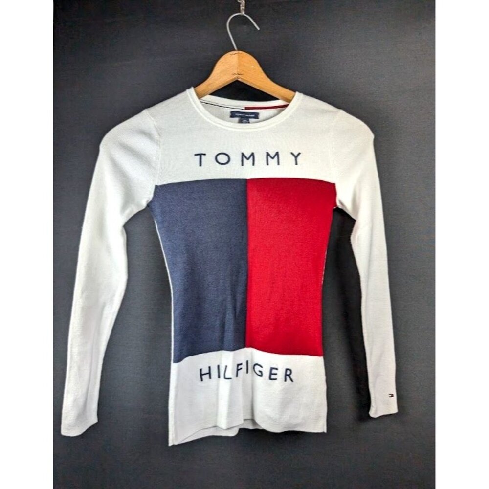 Y2K Tommy Hilfiger Top Size XXS Knit Preppy Academia Flag Logo Spell Out Block